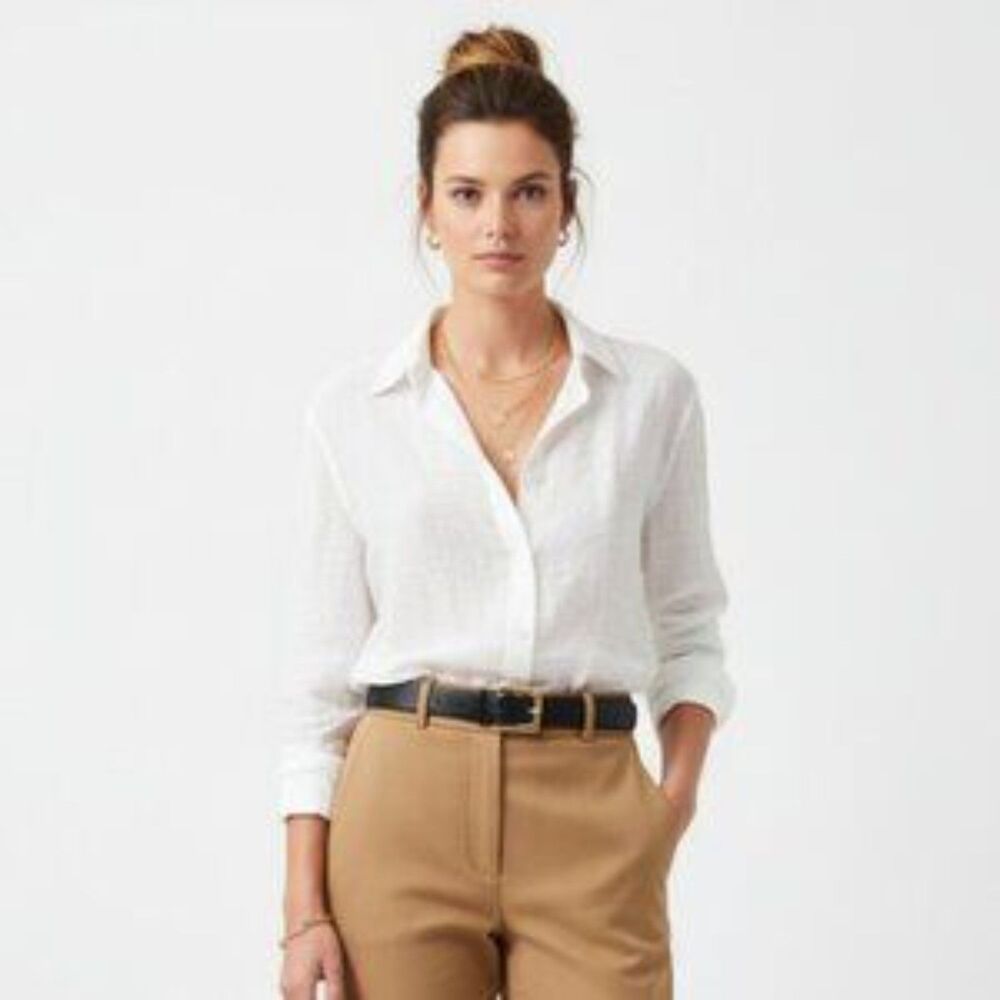 M&E Women's 100% Linen White Button Front Long Sleeve Blouse Top L